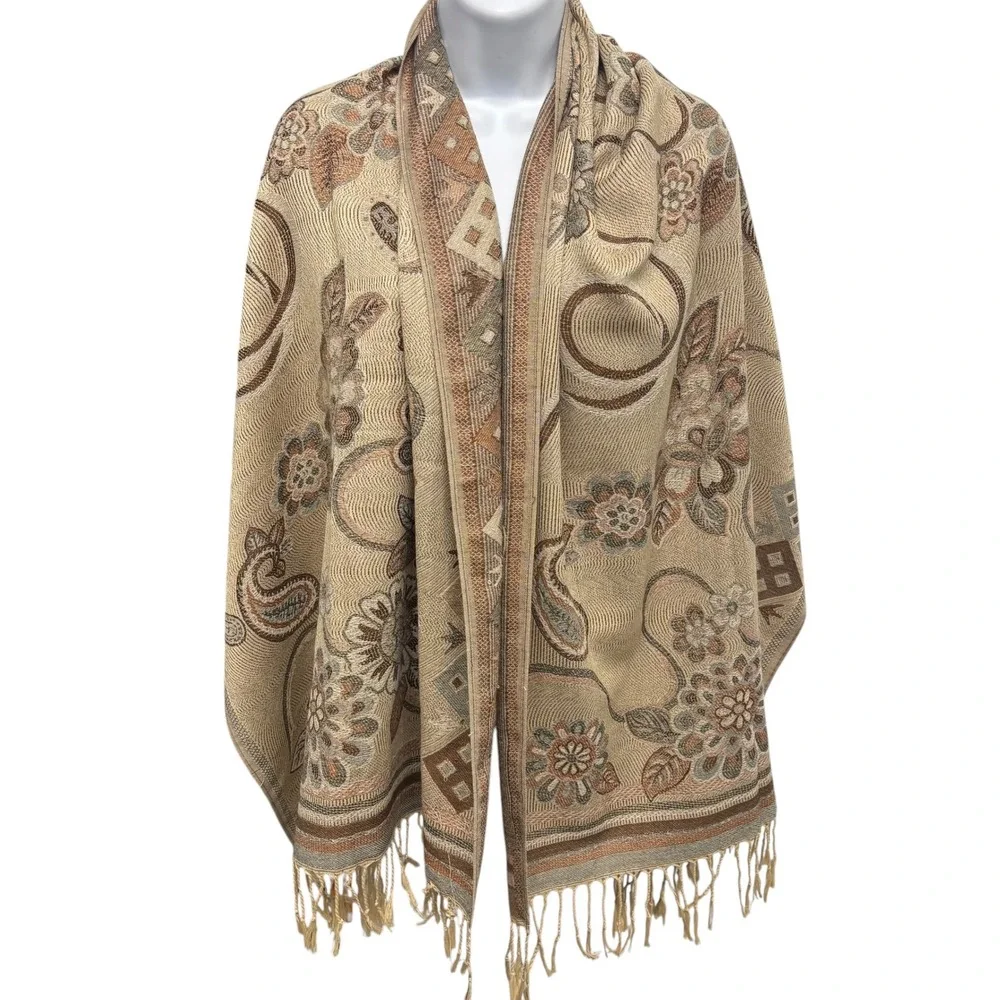 Tan Floral Paisley Jacquard Pashmina Wrap Scarf‎ Fringe Bohemian Shawl 70x26
